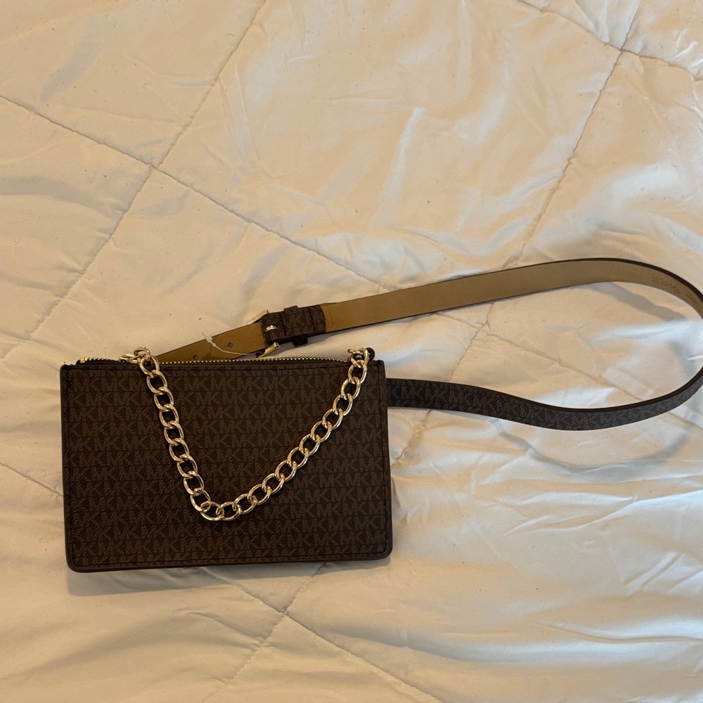 Michael Kors Brown Logo Crossbody with Gold Chain